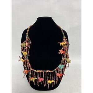 Vtg. African Multi-Strand Wooden Carved Animals & Beads Necklace 17-19” Adjust